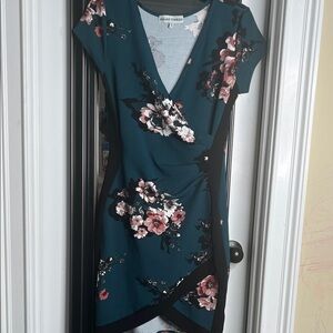 Maggy London Teal and Pink Floral Asymmetrical Dress